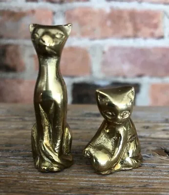 Vintage Cat Figurine Set Of 2 Cat Mini Brass Statuette Siamese Cat Miniature S • $27.45