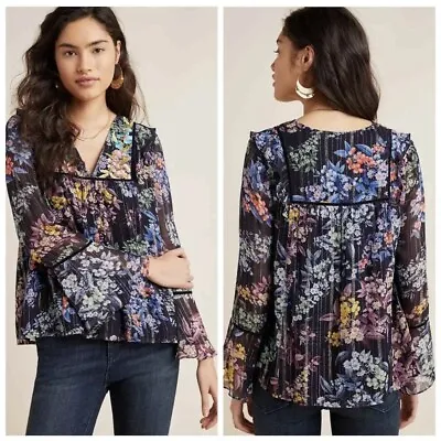 Anthropologie Vineet Bahl Vivieene Embroidered Black Floral Blouse Size S EUC • $42.99