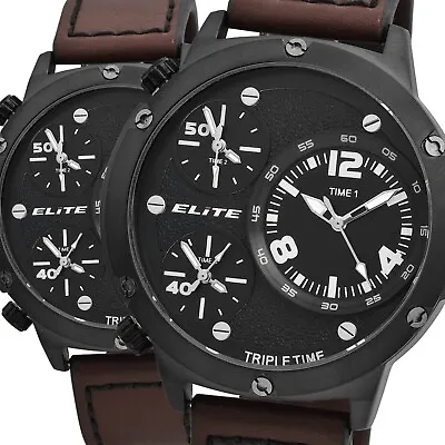 Elite Men's Watch Triple Timer 3 Zeitonen Black Braun Analogue Art Leather 3 BAR • $100.53