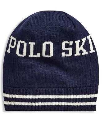 New Mens Polo Ralph Lauren Ski 100% Merino Wool Blue / White Beanie Hat L / XL • $36.50