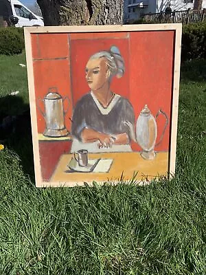 Mid Century Oil Painting Still Life Coffee With Woman Figure 25x24 Orange Asian • $225