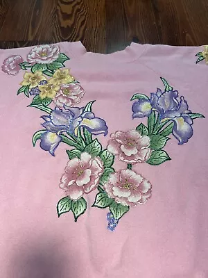 Vintage 90’s Pastel Pink Floral Painted Crewneck Sweatshirt Adult L • $24.99