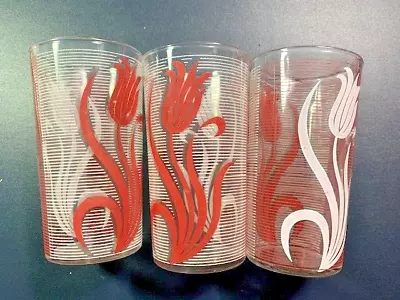 Vintage Set Of THREE Hazel Atlas Red White TULIP Drinking Glasses • $19.95