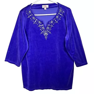 Quacker Factory Women’s Large Velvet Sweater Purple Holiday Snowflakes Christmas • $19.95