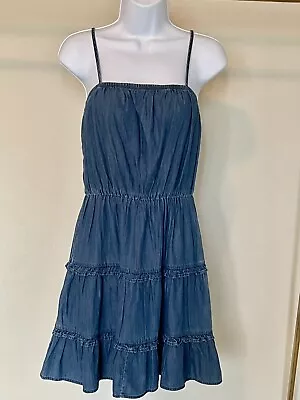 EXPRESS Faux Denim Blue Tiered Ruffle Cotton Sundress Sz S Adjustable Straps EUC • $12.99