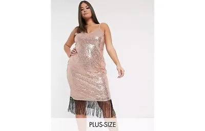 $34.99 • Buy STUNNING Sequin Slip Dress With Tassle Hem Rose Gold Plus Size 20 BNWT PARTY NYE