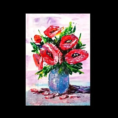 Aceo Poppy Flowers Vase Thick Knife Pallet Original Acrylic Painting ATC Card • £21.29