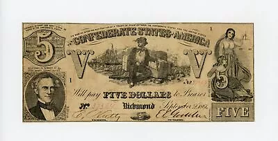 1861 T-37 $5 The Confederate States Of America Note - CIVIL WAR Era • $109