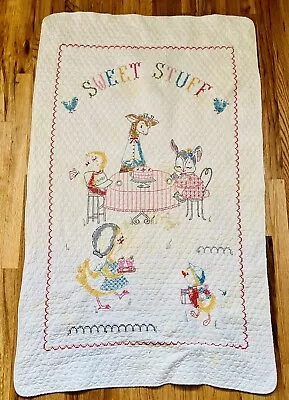 Vintage Baby Quilt Giraffe Chicks Sweet Stuff Hand Made Cross Stitch 33x54 • $15