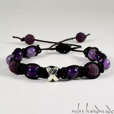 Men's Purple Lava Rock Amethyst Natural Gemstone Beaded Shamballa Bracelet Mba • $24.20