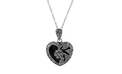 925 Sterling Silver Genuine Marcasite Heart CZ Pendant Necklace - 18  • $11.99