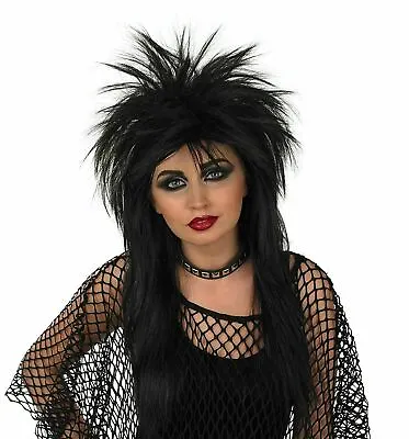 Mens Womens Black Glam Rock Wig For 80s Spiked Hair Rocker Rock Star Fancy Dress • £13.99