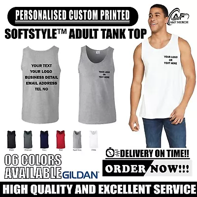 Personalised Custom Gildan Softstyle Adult Tank Vest Gym Sports Top GD012 • £8.99