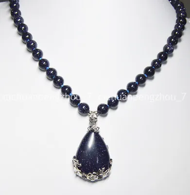 Fashion Jewelry 8mm Blue Sandstone Round Gems Beads Drop Pendant Necklace 18'' • $5.39