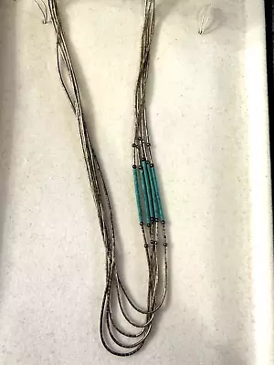 Native American Sterling Liquid Silver Turquoise Bead Necklace 17 Inches • $33.99