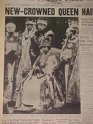 Vintage Newspaper Headline ~ Queen  Of England Elizabeth  Crowned In Abbey  1953 • $14.49