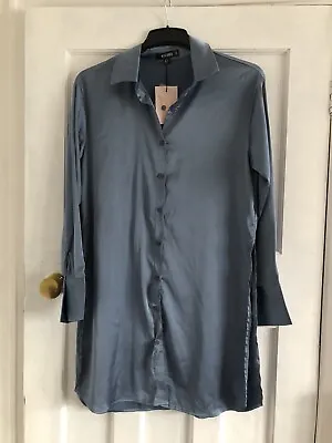 Misguided Satin Blue Shirt Dress Size 6 Bnwt • £6.50