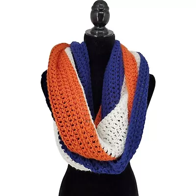 Infinity Scarf Chunky Knit Navy Blue Orange Striped 15x40  • $11.99