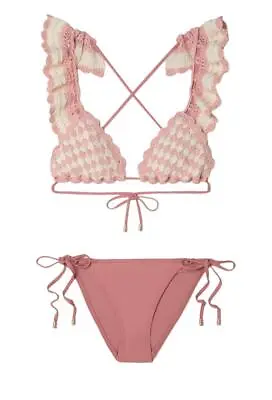 Zimmermann Clover Crochet Triangle Bikini | Pink White Ruffle Shoulders Tie • $144.99