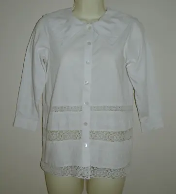 Vintage Monsoon White Cotton Blouse With Large Collar & Lace Detailing UK 8/10 • $14.93