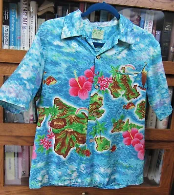 Vtg 60s / 70s UI MAIKAI Aloha Shirt Mens Aqua-Blue Hawaiian Island Map Button-Up • $49.99