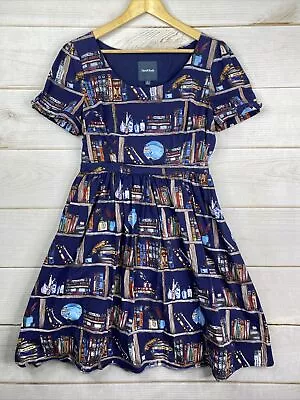 ModCloth Dress L Blue Library Book Scoop Neck Cotton Short Sleeve Fit & Flare • $59.99