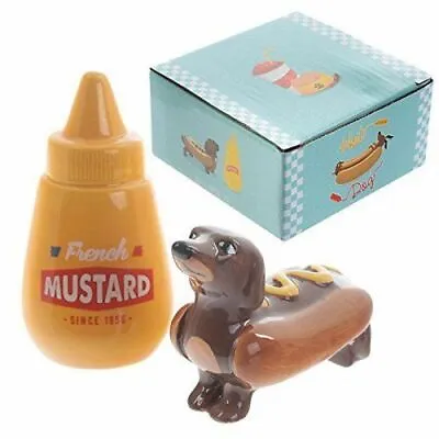 £8.98 • Buy Novelty Ceramic Sausage Dog & Mustard Salt And Pepper Pots Boxed Cruet Gift Set