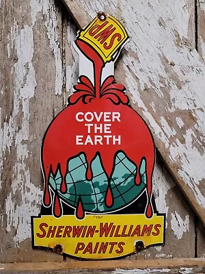 Sherwin Williams Vintage Porcelain Sign Old Hardware Paint Can Cover The Earth • $188.06