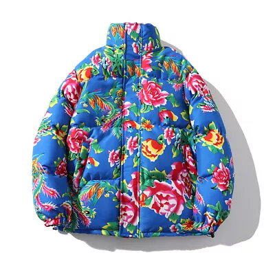 Mens Large Floral Print Stand Collar Padded Jacket Winter Trend Thickened Coats • $56.68