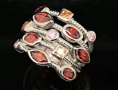 Sterling Silver 925 Rhodium 2.00ctw Multi Color Garnet 5 Band Cocktail Ring 6 • $149