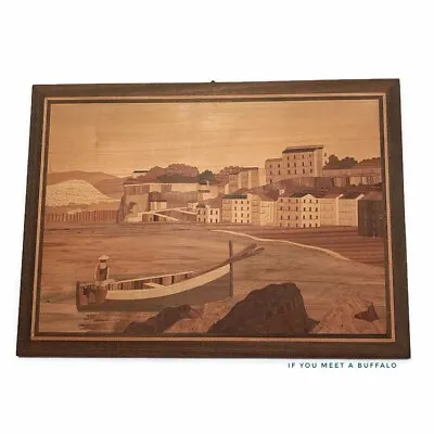 Vintage Marquetry Wood Boat Fisherman Village Sea Ocean Wall Art Picture Grandma • $68