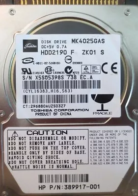 **For Parts Only** Toshiba MK4025GAS HDD2190 F ZK01 S 610 A0/KA101A 40gb IDE HDD • $18.81