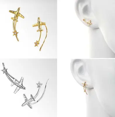 925 Sterling Silver Plane Meteor Aircraft CZ Star Earring Cuff Hook 18K Gold F23 • $12.95