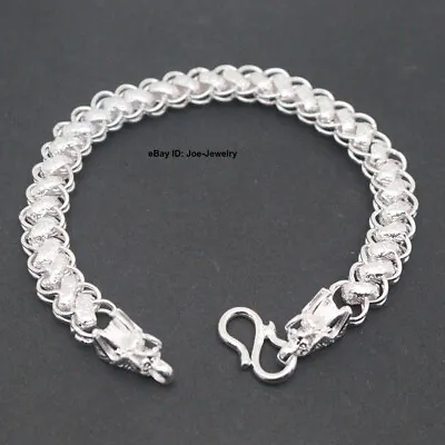 Solid 999 Fine Silver Dragon Head Flat Link Chain Men's Bracelet 20cm L • $52.56