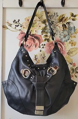 B Makowsky Studded Black Pebbled Leather Hobo Shoulder Bag Purse Slouchy • $49.99