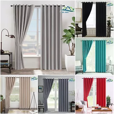 Insulated Heavy Thick Blackout Curtains Eyelet Ring Top Pair With Tie Back • £15.49