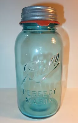 HTF OLD #8 VINTAGE 1910-23 Error BLUE GLASS BALL 8  CANNING JAR 40 Oz ZINC LID • $26.95