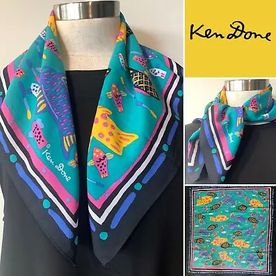 KEN DONE Vintage Tropical Fish GreenBlackBlue Scarf 59cmx59cm Collectors Item  • £47.29