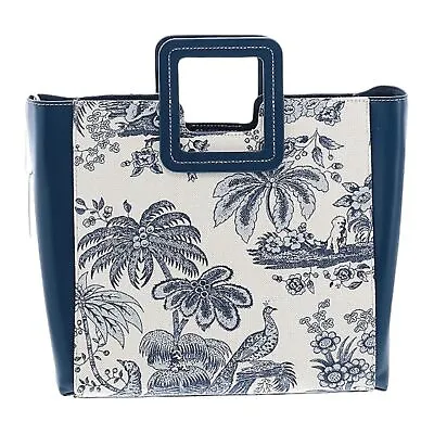 Staud Shirley Tote Bag Large Majorca Toile W/Strap Blue Leather Canvas Peacock • $275