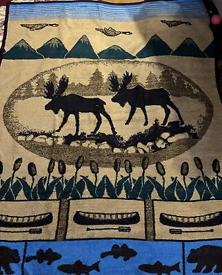 Vtg Fleece Blanket Lodge Moose Cattails Canoes Mountains Mallards Oversized Thro • $40