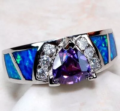  1CT Amethyst & Australian Opal Inlay 925 Solid Sterling Silver Ring Sz 8 AO2 • £30.84