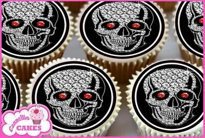 Black Bling Skull Edible Cupcake Toppers Cake Decorations 8143 • £2.99