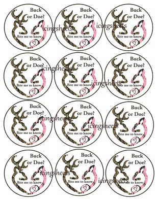 Buck Or Doe Camo Baby Gender Reveal Edible Wafer Cookie Toppers Cupcake Tops  • $7.25