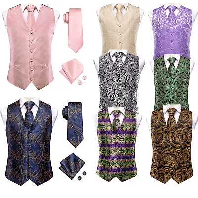 Mens Paisley Waistcoat Casual Wedding Vest Silk Tie Set Casual Formal Tops Suit • £7.99