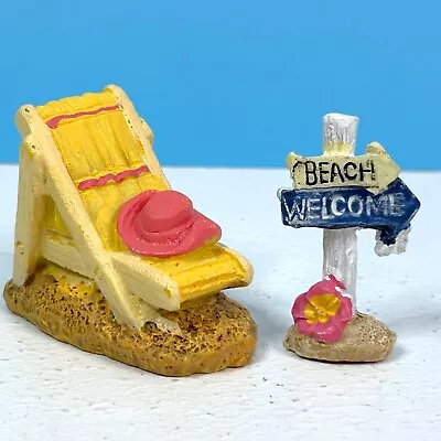 Dollhouse Miniature Set Of 2 Beach Lounge Chair & Welcome Sign Resin Figures • $9.95