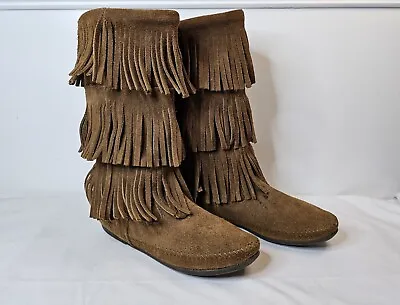 Minnetonka Moccasins 3-Layer Fringe Brown Suede Leather Mid Calf Boots Women's 8 • $19.50