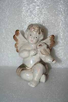 Cherub Angel Musician Figurine Playing Violin Iridescent Glitter Gold Gilt Nice • £4.32