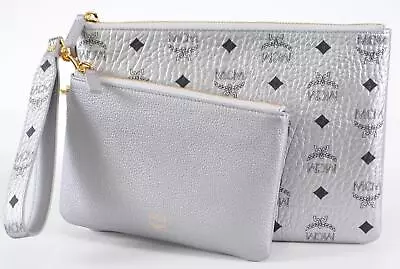 New MCM Metallic Silver Visetos Canvas 2 Piece Wristlet Clutch Purse Bag • $180.20