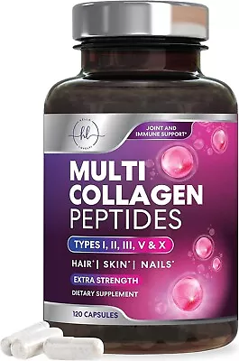 COLLAGEN PEPTIDES Types I II III V X 1000mg Pills Anti-Aging Skin 120 CAPS • $25