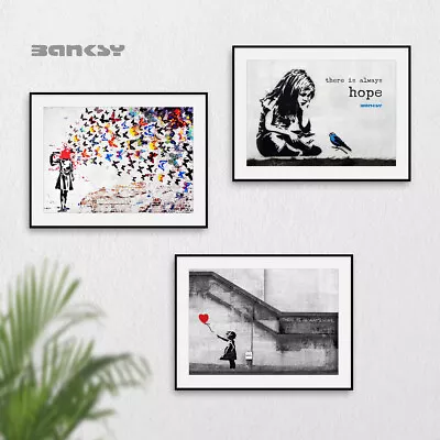 Banksy Wall Art Prints Set Of 3 Posters Pictures Headshot Butterfly Balloon Girl • £10.99